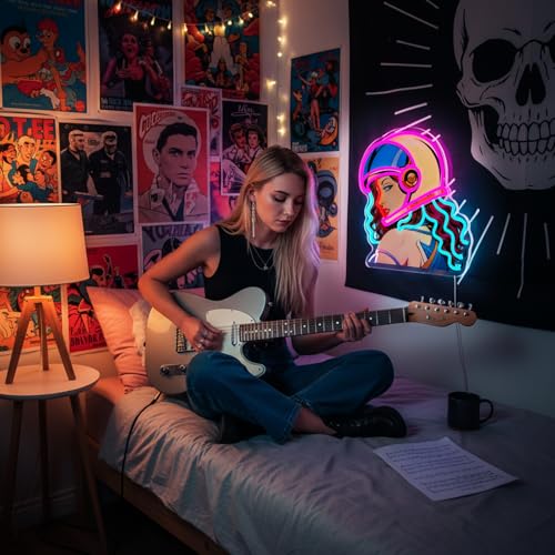 Image of Helmet Girl Neon Sign, Retro Motorcycle Babe LED Neon Light, UV Printed Dimmable Garage Neon Signs for Wall Decor, Man Cave, Bar, Game Room, Bedroom, Gift for Motorcycle Lovers, Riders, Clubs Fans