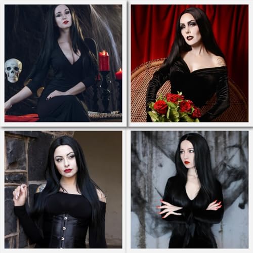 Mersi Long Black Wig for Women Halloween Costume 27'' Straight Long Black Wig Natural Cute Black Wigs for Costume Women S034BK