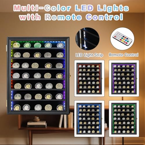 Image of Jinchuan LED Military Challenge Coin Display Case - Lockable Cabinet Rack Holder Shadow Box with Removable 2 Grooves Shelves and Acrylic for Casino Poker Chips Collectibles, Large - Black with LED