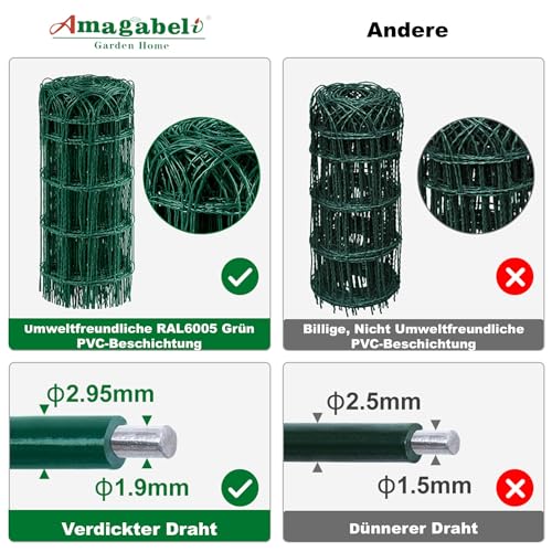 Amagabeli Gartenzaun, 0,4 m x 25 m, grün, 2,95 mm, RAL6005, PVC-beschichteter Metalldraht, rostfrei, für den Außenbereich, für Blumentiere