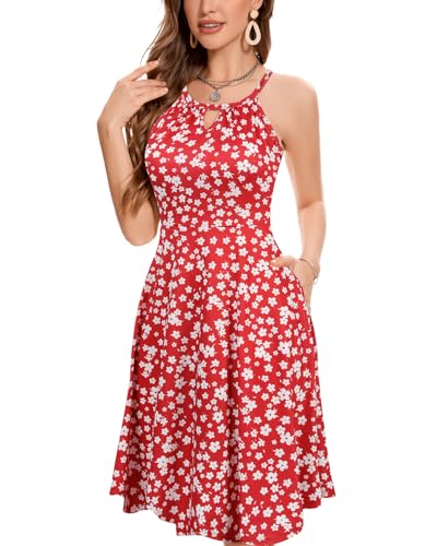 Image of ANYFITTING Built in Bra Halter Dresses for Women 2026 Summer Pockets Dress Flowy Midi Sundresses Beach Vacation