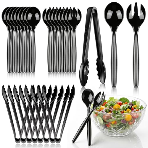 Dualshine 24 Pcs Disposable Black Plastic Serving Utensils 8 Set Including 9.72 Plastic Serving Spoons Forks and 8.46 Tongs for Dinner Parties Buffets Banquets Events Weddings and Daily Use