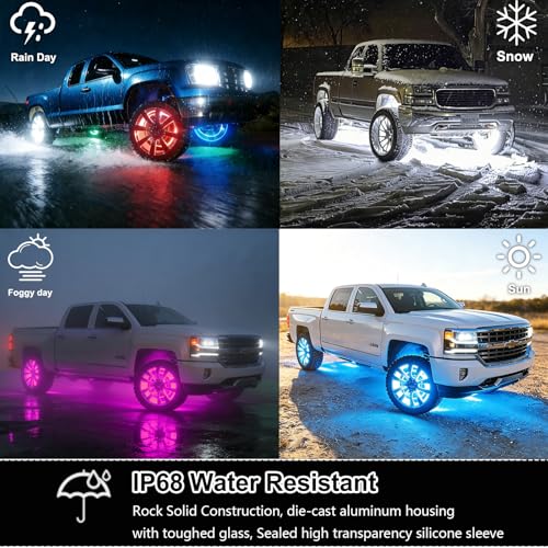 Image of Ultra-Bright 4PCS 17 inch Double Row RGB+ White Wheel Lights for Truck Car,APP & RF 4-Zone Control Wheel Weel Ring Rim Lighting kit with Music Sync Dynamic Modes,Brake & Courtesy Function,2592 LEDs