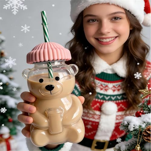 Image of Hogg Texello 2026 New Glass Bear Cup Bear Straw Cup, 20oz Cute Bears Glass Tumbler with Reusable Straw - Cute Animal Mug for Hot and Cold Drinks, Smoothies, Water, Juice, Travel & Gifts (Pink)