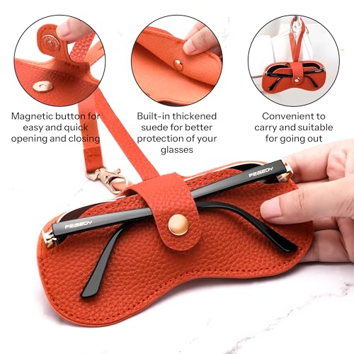 Image of FEISEDY Sunglass Case, 2Pcs Soft Leather Eyeglass Cases for Women | Slim Portable Glasses Holder, with Button-Closure Wrist Strap for Travel & Outdoor B0308