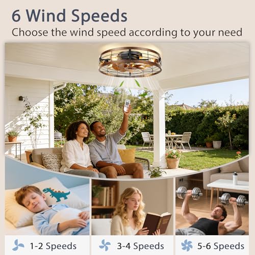 Image of VOLISUN Farmhouse Caged Ceiling Fans with Lights Flush Mount, 23.6'' Rustic Low Profile Ceiling Fan with Light and Remote, Bladeless Fandelier Ceiling Fans with Lights for Kitchen, Bedroom-Gold