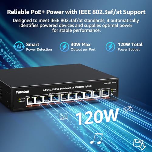 Image of YuanLey 8 Port 2.5G PoE Switch Unmanaged, 8 x 2.5G Base-T PoE Ports, 2X 10G RJ45 UpLink,120W PoE Budget, Metal Fanless, 10 Port 2.5Gbe /10G PoE Ethernet Switch for NAS, Gaming PC, AP