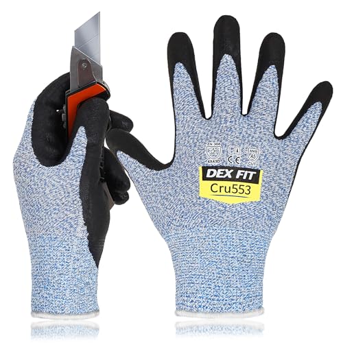 Image of DEX FIT Level 5 Cut Resistant Gloves Cru553, 3D Comfort Stretch Fit, Power Grip, Durable Foam Nitrile, Smart Touch, Machine Washable, Thin & Lightweight, Blue 7 (S) 1 Pair