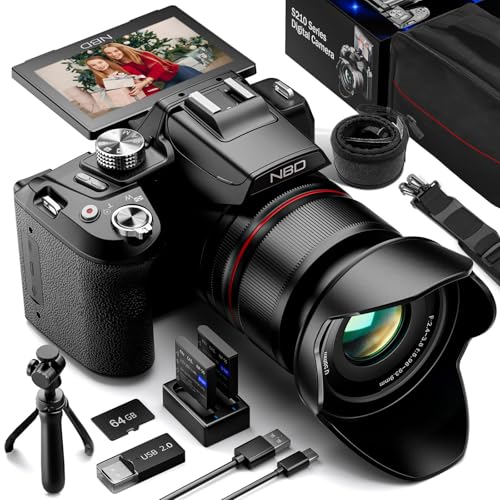 NBD Appareil Photo Numérique 8K 64MP avec Zoom Optique 16X & Écran Rabattable 180°, Caméra Style Reflex avec Micro, WiFi, Trépied, Idéale Vlog, Voyage &...