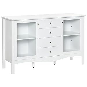 HOMCOM Aparador de Cocina Armario Buffet con 2 Puertas de Vidrio Estante Ajustable Interior y 4 Cajones Mueble Auxiliar para Comedor Salón 136x45x85 cm Blanco
