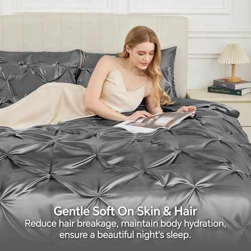 Image of BEDELITE Satin Comforter Set Queen Size, 7 Pieces Pintuck Bed in A Bag with Comforter, Flat Sheet, Fitted Sheet, Pillowcases, Shams, Soft Similar to Silk Bed Set for All Seasons (Dark Grey)