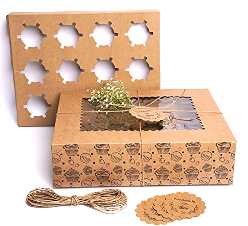 Image of mudrit Kraft Cupcake Boxes with Insert, Brown Cupcake Carrier, Food Grade Kraft Bakery Boxes with Windows and Inserts (10 pcs, 12 holder)