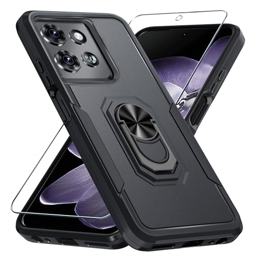 Janmitta for Motorola Moto G 2025 Case/Moto G 2026 Case with Screen Protector,Heavy Duty Shockproof Full Body Protective Cover Built in Rotatable Metal Holder for Moto-G-Play-2026,Black Matte