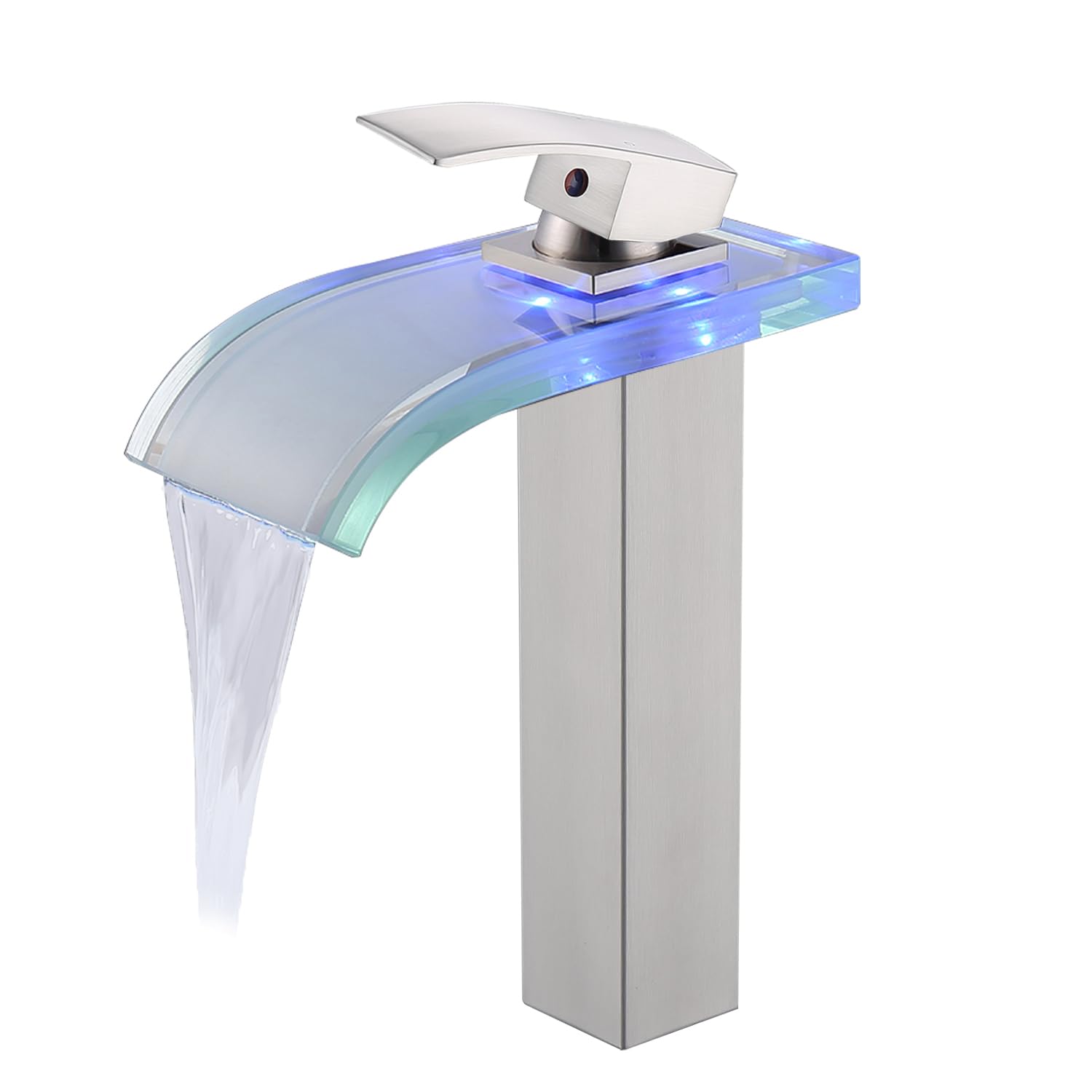Qeemee LED Bathroom Vessel Faucet, Waterfall Single Handle One Hole Lavatory Sink Bowl Mixer Tap, Deck Mount Mixer Tap Faucet (Brushed Nickel)