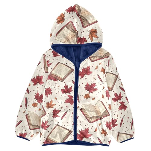 Maple Leaves and Book Pen Girls Fleece Jacket Girls Fall Jacket Boys Coats Zip Up Hoodie Children Sherpa Warm Outerwear 2-10T
