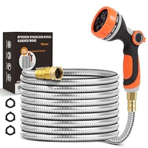 Metal Garden Hose 25ft Copper Bullet, Heavy Duty Stainless Steel Water Hose with 10 Function Sprayer Nozzle, Leaf-Proof Kink Free Lightweight for Outdoor,Yard,Lawn,Patio, Car