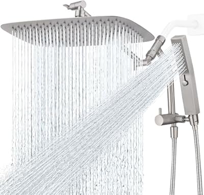 G-Promise All Metal 14 Inch Shower Head with Massage Mode Handheld, Rain Shower Head with Handheld Spray Combo, 3-Way Diverter with Pause Setting, 12 Inch Adjustable Extension Arm (Brushed Nickel)