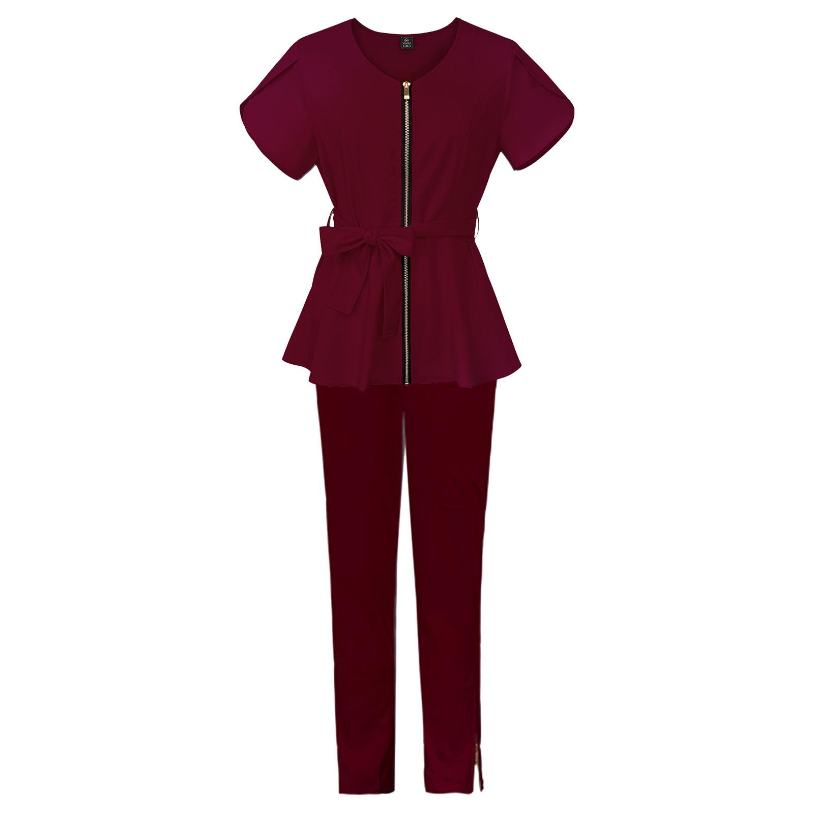 Camice Dottore Uomo Costume - Divise Infermiera Donna, Set di pantaloni elastici da donna a maniche corte in tinta unita con cravatta in vita