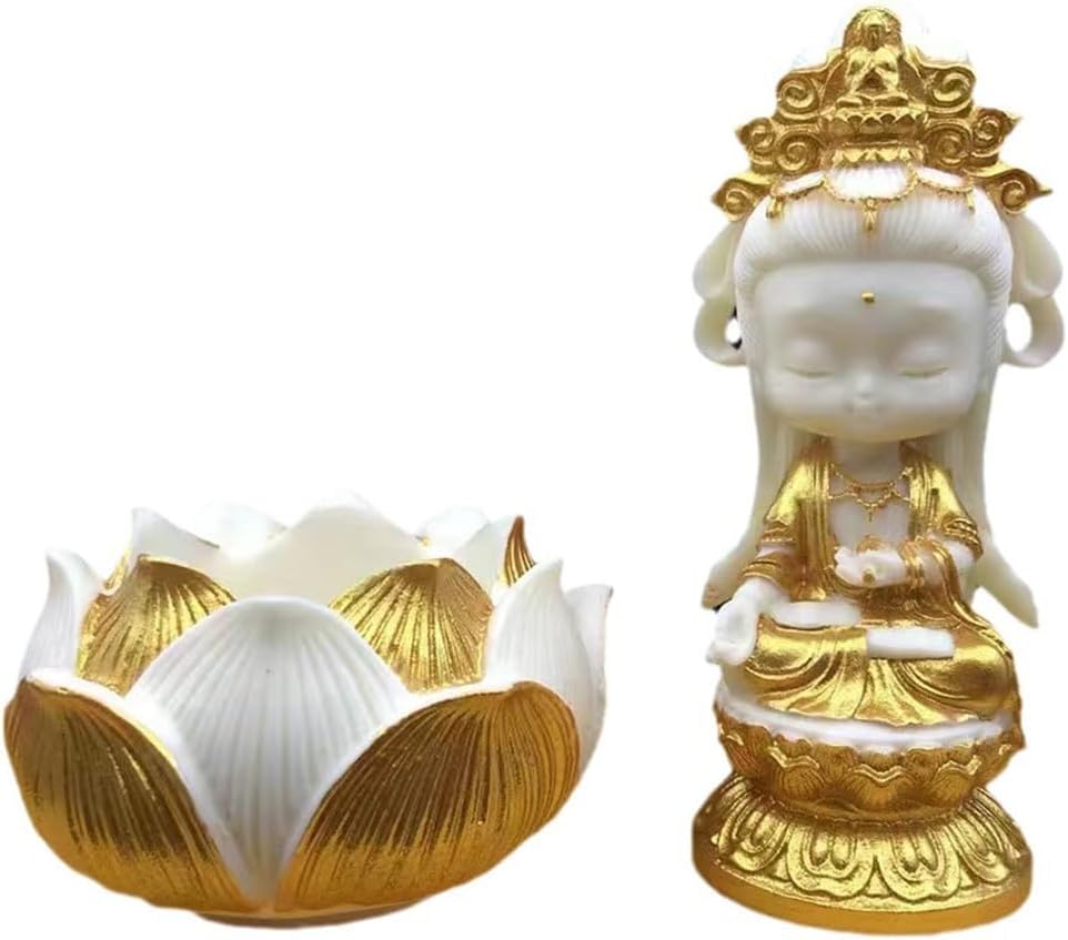 Cute Beautiful Quan Yin Statue Beautiful Cartoon Kuan Yin Statue Small Guan Yin Statue Goddess of Mercy Guan Jin Meditation Buddha Statue Home Decor Feng Shui Gift Home Office Decor| (glod)