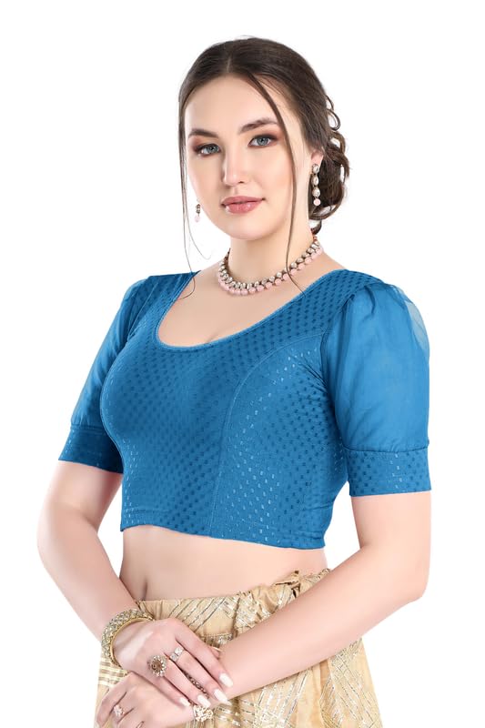 Image of FINESTFIT Stay On Trend Fashion 100% Cotton Readymade Blouses for Women,Round Neckline with Organza Balloon Sleeves.