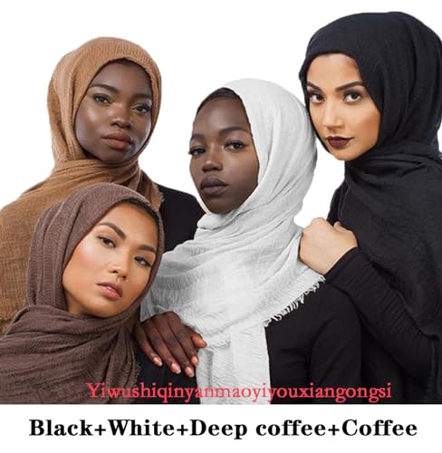 QYMY Hijab Muslim Head Scarf Solid Color Long Cotton Wrap Scarves for Women Fashion L70.7?xW35.4? QY414 (Black+White+Deep coffee+Coffee(4pcs set?))4