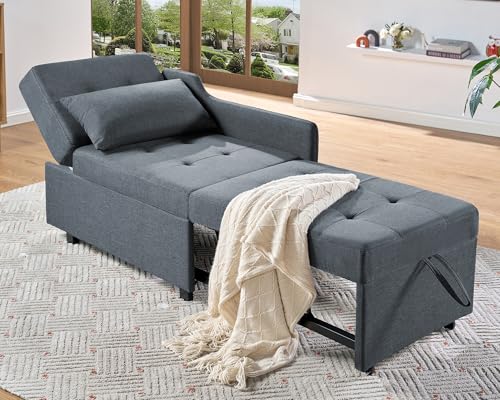 VanAcc 3-in-1 Sleeper Sofa Chair with Adjustable Backrest - Foldable Loveseat for Apartment, Dorm, Office - Linen Grey with Throw Pillows