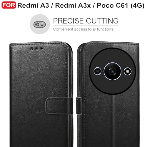 Image of CEDO Flip Cover for Redmi A3 / Redmi A3x / Poco C61 (4G) | Leather Finish | Inside Pockets & Inbuilt Stand | Shockproof Wallet Style Magnetic Closure Back Case Flipcover (Black)