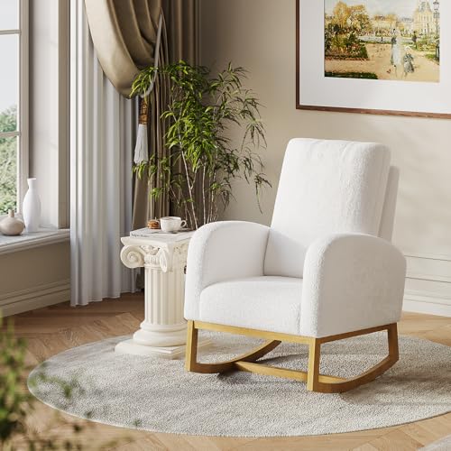 IDEALHOUSE Mid-Century Nursery Rocking Chair, Modern Armchair with Tall Backrest, Wood Legs and Side Pocket, Teddy Upholstered Accent Glider Rocker for Baby Room, Bedroom, Living Room- White