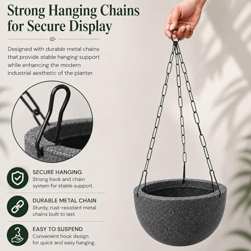 Image of Go Hooked Henri Hanging Planter Pot for Indoor & Outdoor Plants Pack of 10 | 7 Inch Plastic Hanging Pots with Metal Chain | Decorative Round Hanging Planter for Balcony, Garden & Home Decor (Grey)