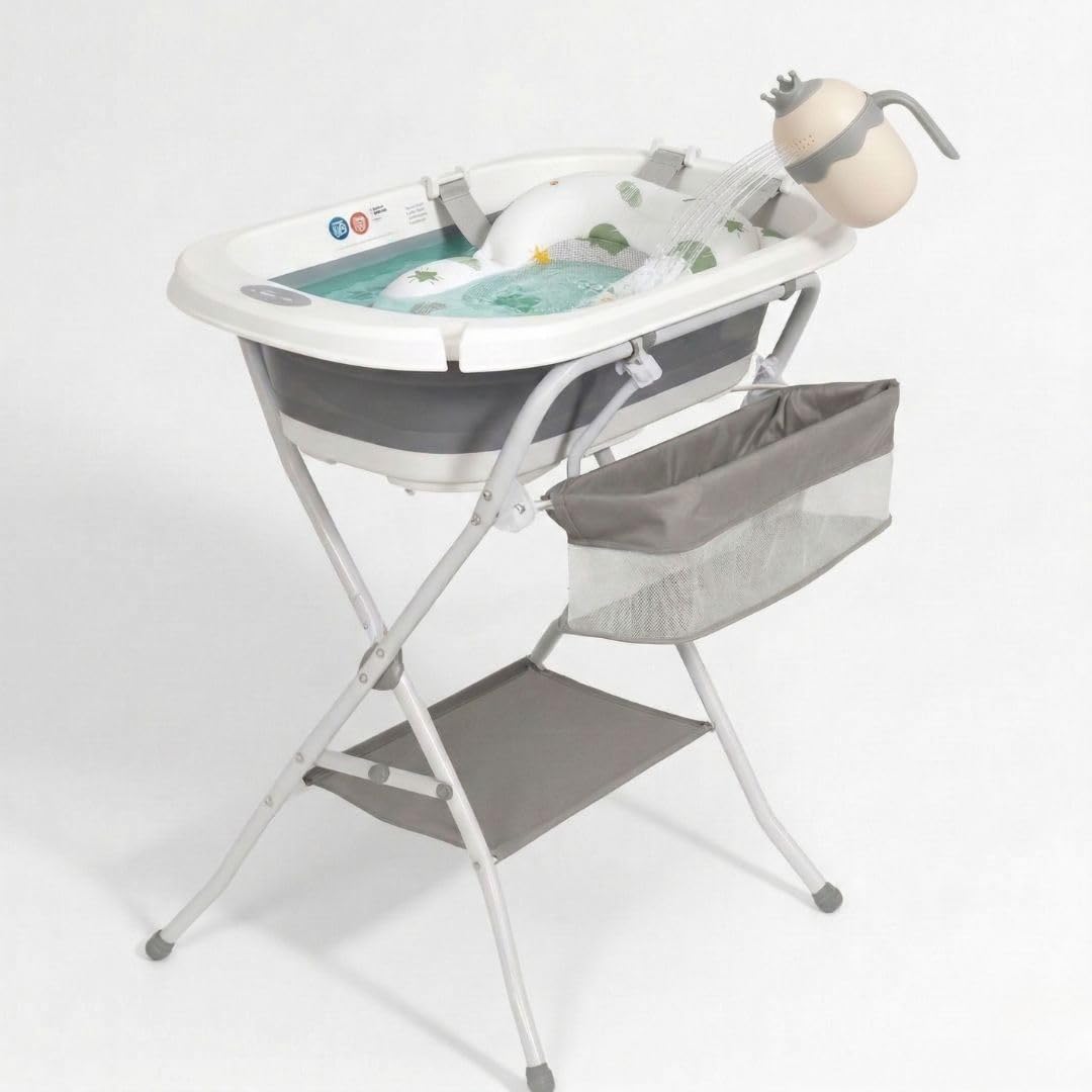 Bañera Plegable de Bebé con Soporte Patas Antideslizantes | Portátil | Tubo Desagüe | Cesta para Juguetes y Organizador para Champú | Ligera, Compacta y Segura para Baño (Gris Cojín Regadera)