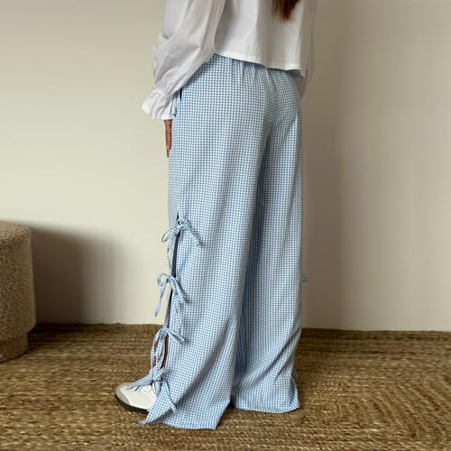 Image of Y2K Gingham Pants for Women Bow Tie Side Slit Wide Leg Lounge Bottom Plaid Checkered Loose Fit Going Out Pants