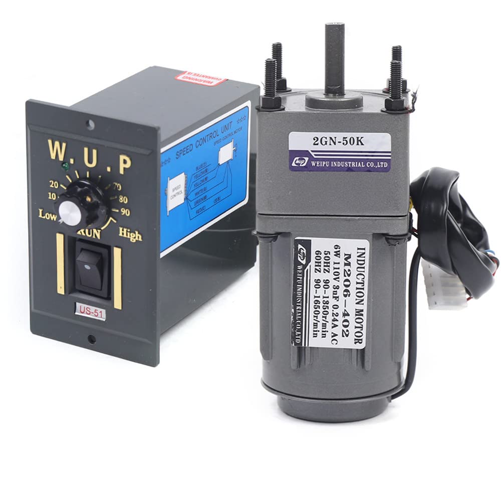Eapmic 110V AC Gear Motor with Speed Controller, Variable Speed Gear Motor Single-Phase High Torque Adjustable Gear Reduction Motor 0-27RPM 6W 50K(Reduction Ratio 1:50)