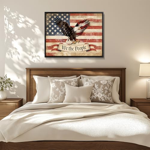 Image of American Flag Framed Canvas Wall Art, 4th of July Red White Blue Canvas Prints, USA Flag with Bald Eagle Patriotic Decorations, Vintage Independence Day Wall Decor for Bedroom Living Room 24x32