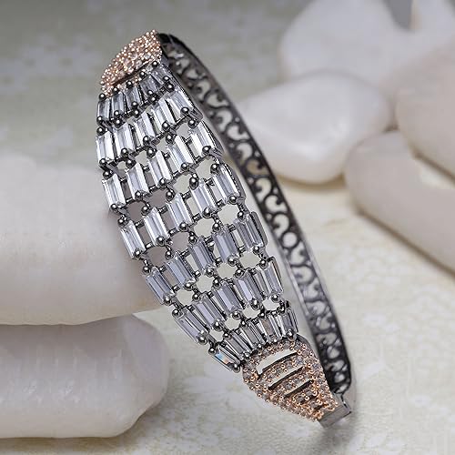Image of ZENEME Rhodium-Plated Silver Toned American Diamond Studded Contemporary Kada Bracelet For Girls and Women