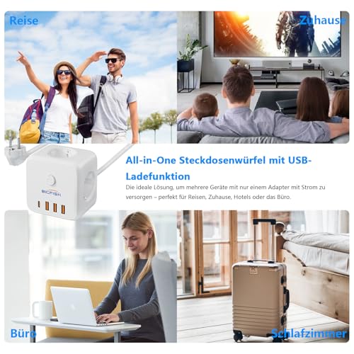 Bigfish 3 Fach Steckdosenleiste mit USB C, Mehrfachsteckdose mit 4 USB, Steckdosenwürfel mit 3 Meter Kabel, Mehrfachstecker mit Schalter für Büro & Zuhause 6