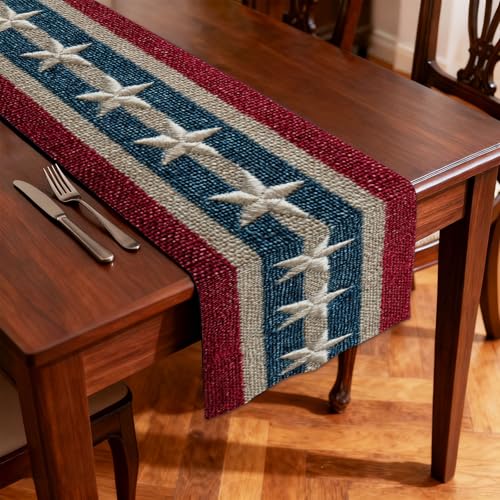 Image of Nuxovilar American Star Striped Flax Table Runner 13x72 in | Patriotic Style Table Runner for 4th of July, American Events, Festive Dinners