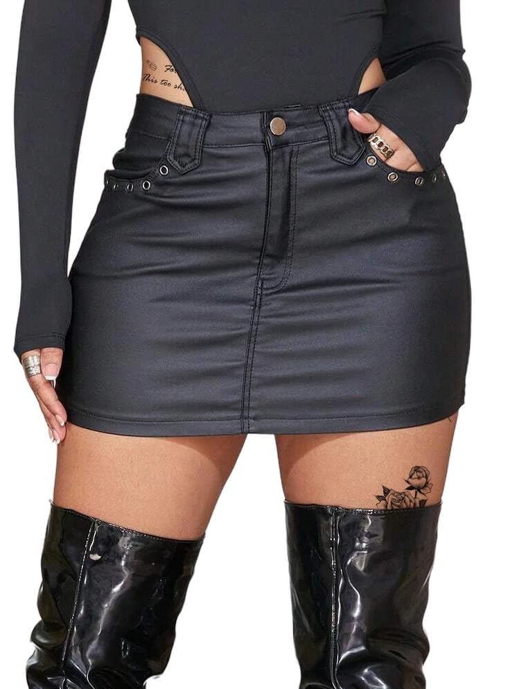 Avanova Women Faux Leather Short Skirt High Waisted Bodycon Sexy Mini Skirt with Pockets Black Medium