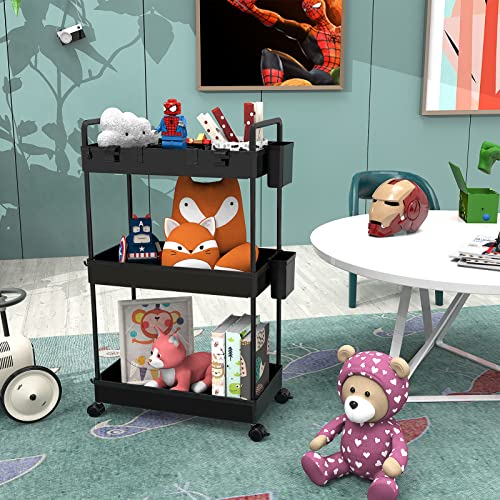 Foto von Ronlap Rollwagen Küchewagen mit 3 Ebenen, Servierwagen mit Aufhängebecher, Separator, Haken, Regal auf Rollen für Küche, Schlafzimmer, Büro, Schwarz