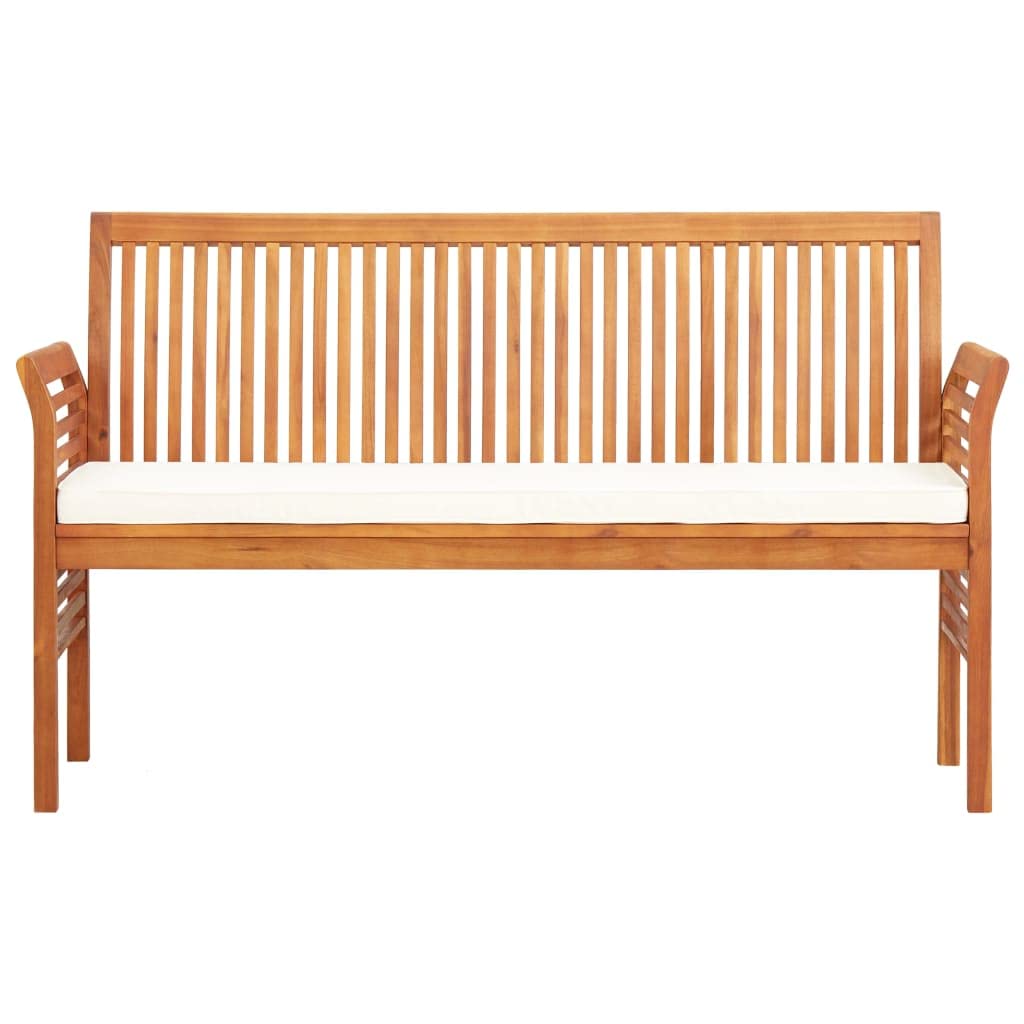 Banco de jardín de 3 plazas, 150 cm, acacia tratada al aceite, con revestimiento de color crema, resistente de madera, banco de comedor para terraza, balcón y salón