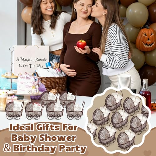 Image of Threehoney 24 Pcs Baby Shower Mini Carriage Decoration Brown Highland Cow Color Metal Wired Fillable Candy Stroller Baby Shower Table Centerpiece for Guest Gender Reveal Wedding Party Favor Gift