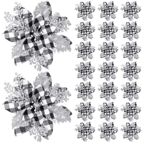 La Mejor Recopilación de Ãrboles de navidad los mejores 10. 48 Canlierr 5,7 Pulgadas Flores de Pascua Artificiales Flores Brillantina Navidad con Clips Adorno de Flores ¨¢rbol de Navidad (B¨²falo Blanco y Negro con P¨¦talos Plateados, 24...