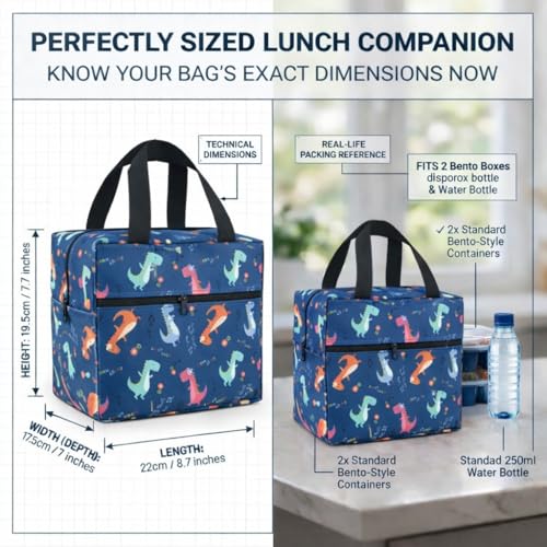 Image of Toy Imagine 5.6L Insulated Lunch Bag for Kids School Cute Cartoon Print Tiffin Bag Snack Tote Bag Compact Portable Leak Proof Tiffin Pouch Hot and Cold Lunch Box Bag for Boys & Girls (Dinosaur Design Blue)