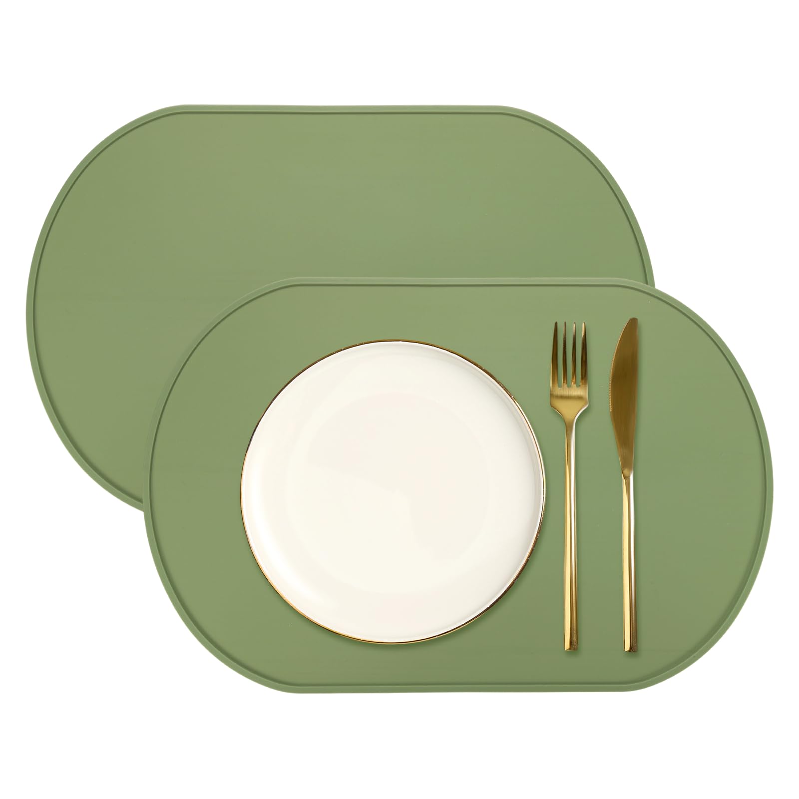 sourcing map 2 Pcs Oval Silicone Placemat, 15.4" x 10.4" Non-Slip Washable Table Placemats Heat Resistant Waterproof Mat with High Edge for Table Kitchen Desk Protection, Green โ image 1
