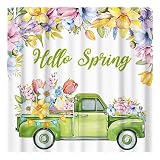 Allenjoy 72" x 72" Hello Spring Truck Shower Curtain for Bathroom Set Easter Watercolor Colorful Flo