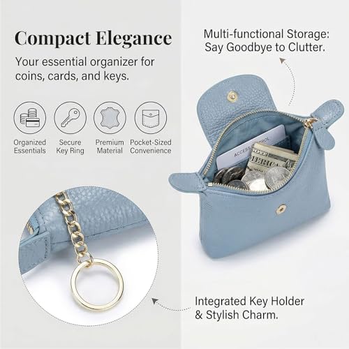 Image of Women's Genuine Leather Mini Coin Purse and Wrist Bag - Coin Organizer, Change Holder, Card Case, Zipper Storage Bag in Water Blue