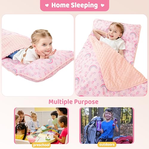 Image of Viviland Toddler Kid Nap Mat for Preschool, Girls Pink Rainbow Slumber Bag, Daycare Sleeping Bag with Pillow and Blanket, Kindergarten Sleep Mat