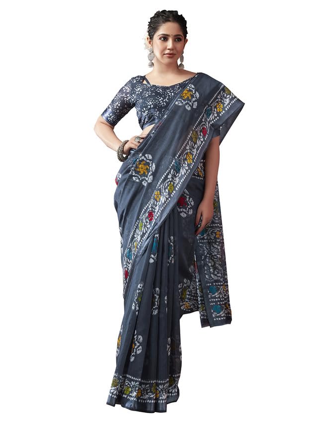 SAMAH Sari de algodón con estampado batik para mujer con blusa sin costuras, Gris y multicolor, talla �nica