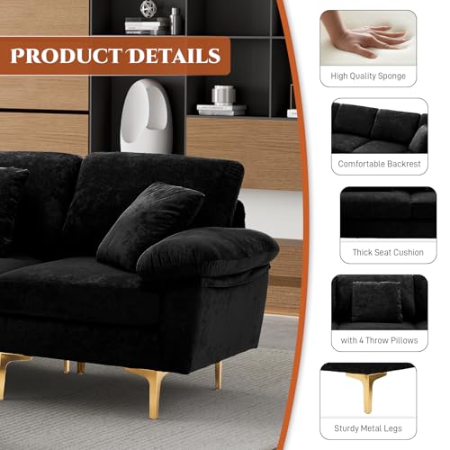 Image of OUYESSIR U-Shaped Sectional Sofa Couch, 4 Seat Sofa Set for Living Room, Convertible L-Shaped Velvet Couch Set with Chaise Lounge, Ottoman and Pillows,114 inches (Black)