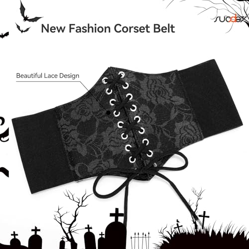 SUOSDEY Lace Floral Corset Belt for Women Wide Elastic Waist Lace-up Renaissance Pirate Stretch Cinch Belts4
