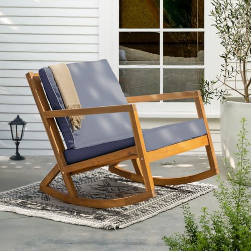 Image of IDZO Premium Club Rocking Chair 500lbs Capacity with Inclined Backrest, Thick Foam Cushion, Solid Acacia Wood Rocker for Patio, Backyard, Balcony, Porch, Grey